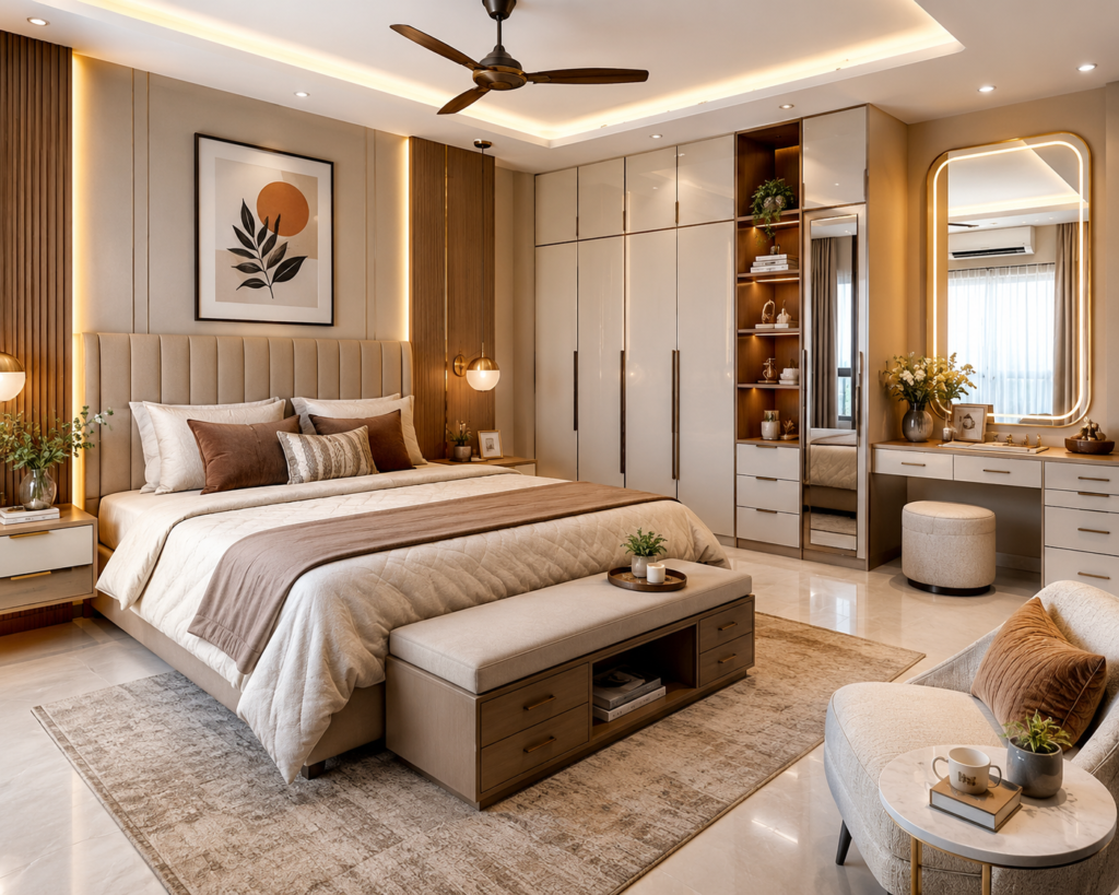 Modern master bedroom featuring functional furniture, built-in storage, a cozy window seat, and a stylish workspace, showcasing practical master bedroom design ideas.