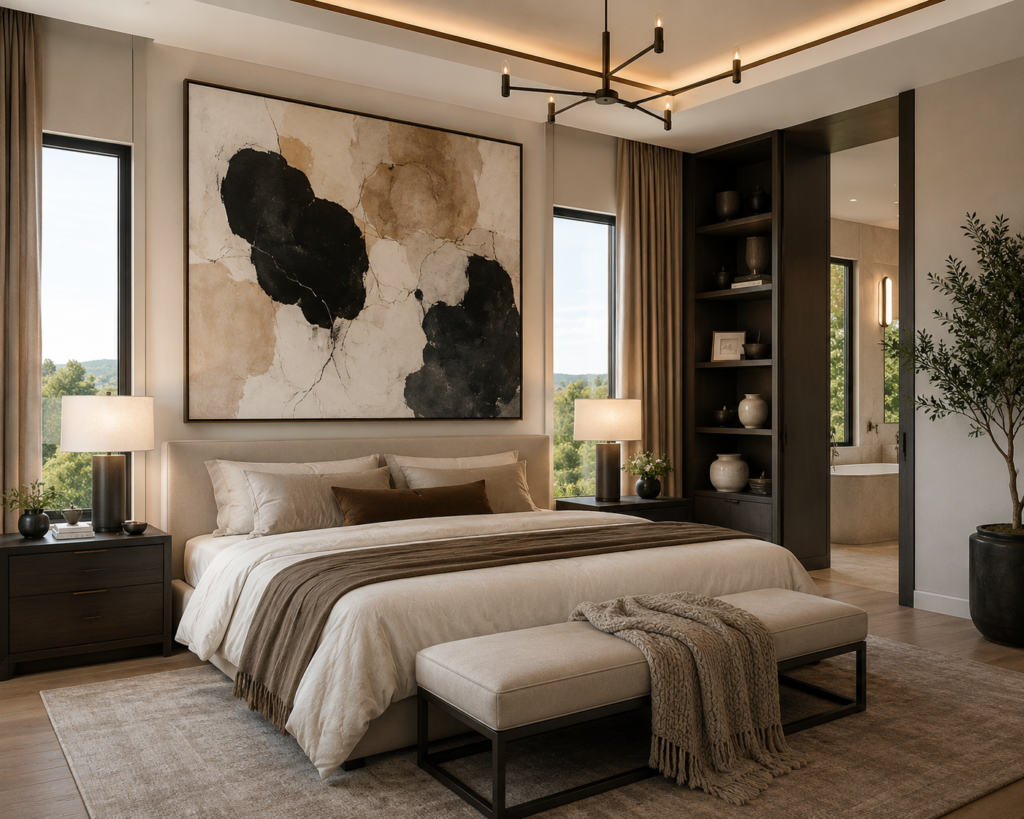 Elegant master bedroom with oversized abstract artwork above the bed, neutral decor, large windows, and luxurious furnishings showcasing modern master bedroom design ideas.