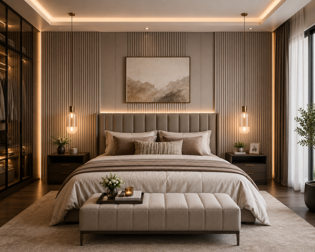 Modern master bedroom featuring fluted wall panels behind the bed, warm ambient lighting, neutral decor, and luxurious furnishings showcasing contemporary master bedroom design ideas.