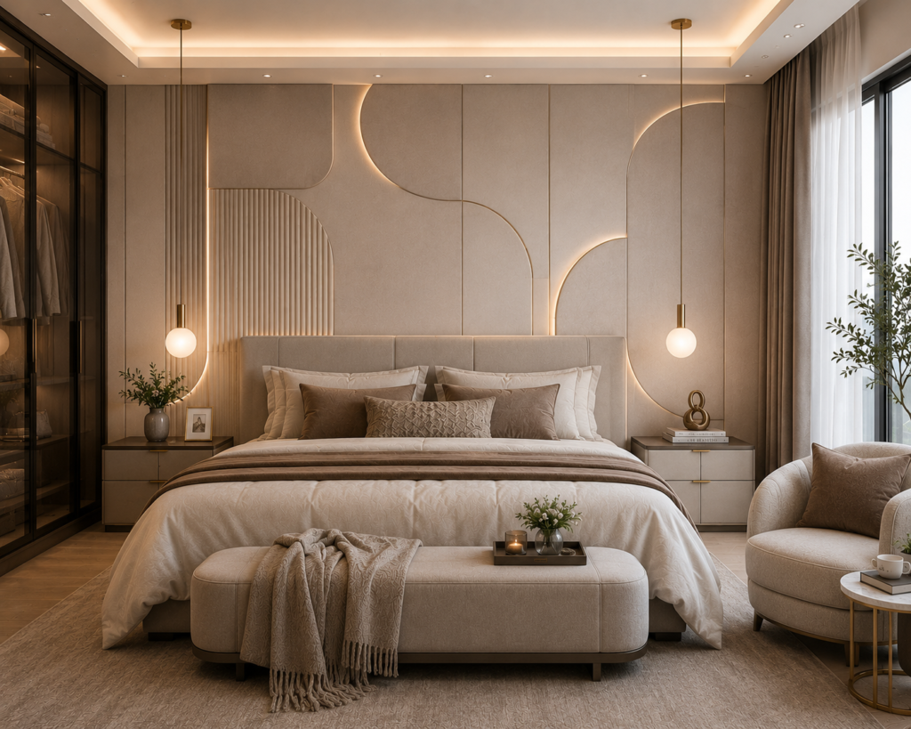 Contemporary master bedroom featuring soft geometric wall panels, warm ambient lighting, luxurious bedding, and elegant decor, showcasing stylish master bedroom design ideas.