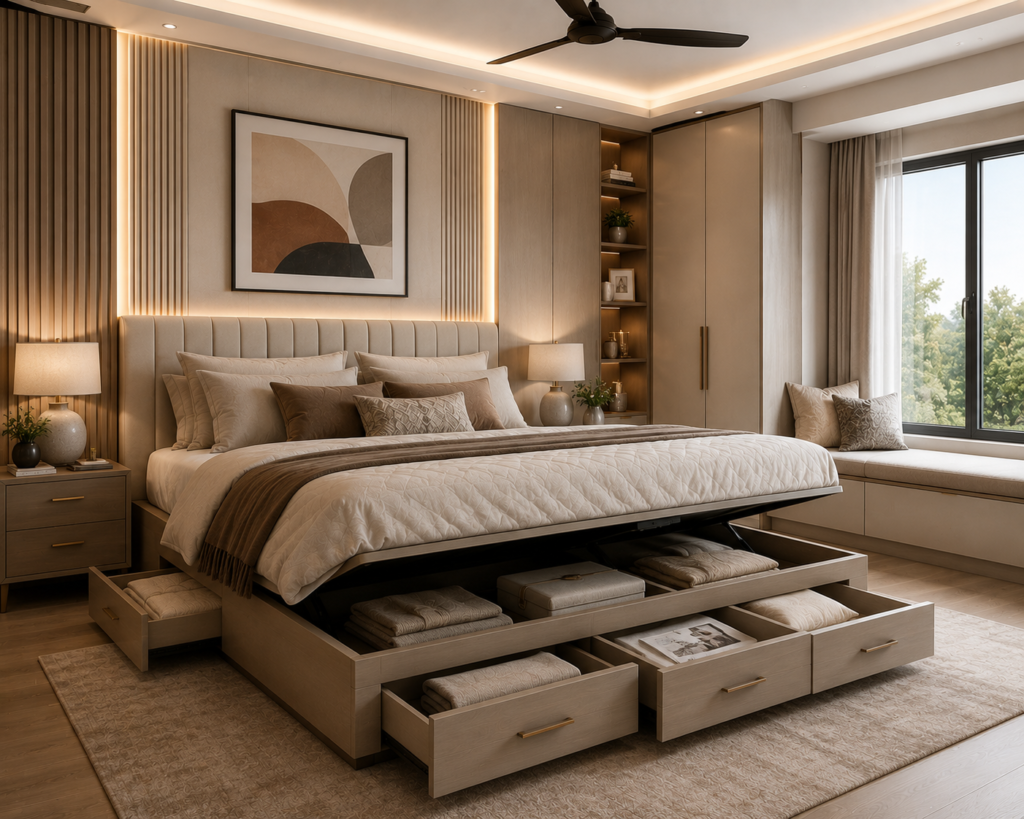 Modern master bedroom featuring a storage bed with built-in drawers, warm neutral decor, custom cabinetry, and functional furniture, showcasing practical master bedroom design ideas.