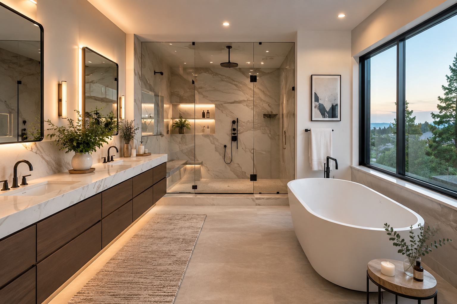 Modern bathroom ideas featuring a luxury USA home bathroom with a freestanding bathtub, marble walk-in shower, double vanity, large window, and elegant contemporary finishes.