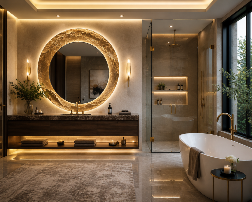 Modern bathroom ideas featuring a luxury bathroom with a statement mirror, floating vanity, elegant lighting, premium finishes, and a sophisticated contemporary design.