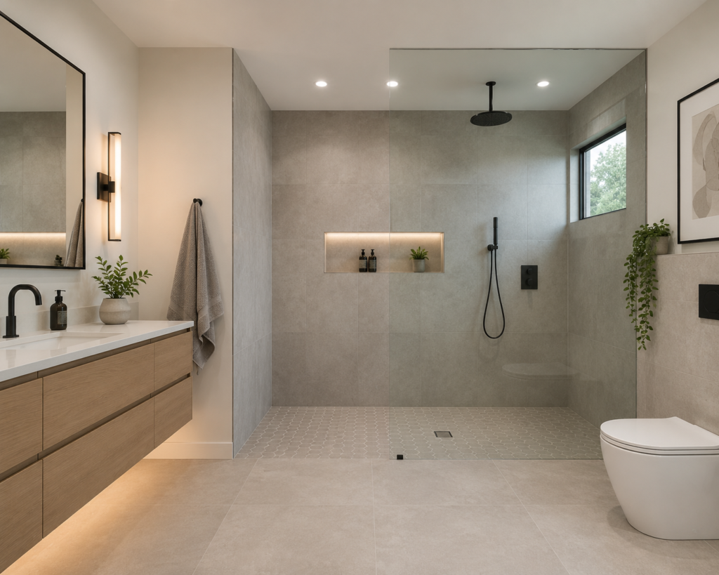 Modern bathroom featuring a spacious curbless shower, frameless glass enclosure, floating vanity, neutral tiles, and contemporary fixtures for stylish modern bathroom ideas.