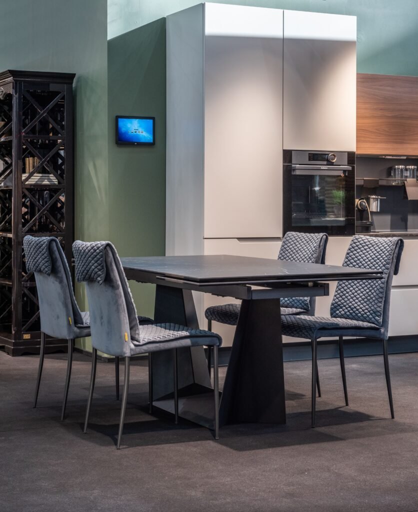 Modern dining room with built-in storage cabinets, stylish shelving, contemporary dining furniture, and organized decor showcasing practical modern dining room ideas.