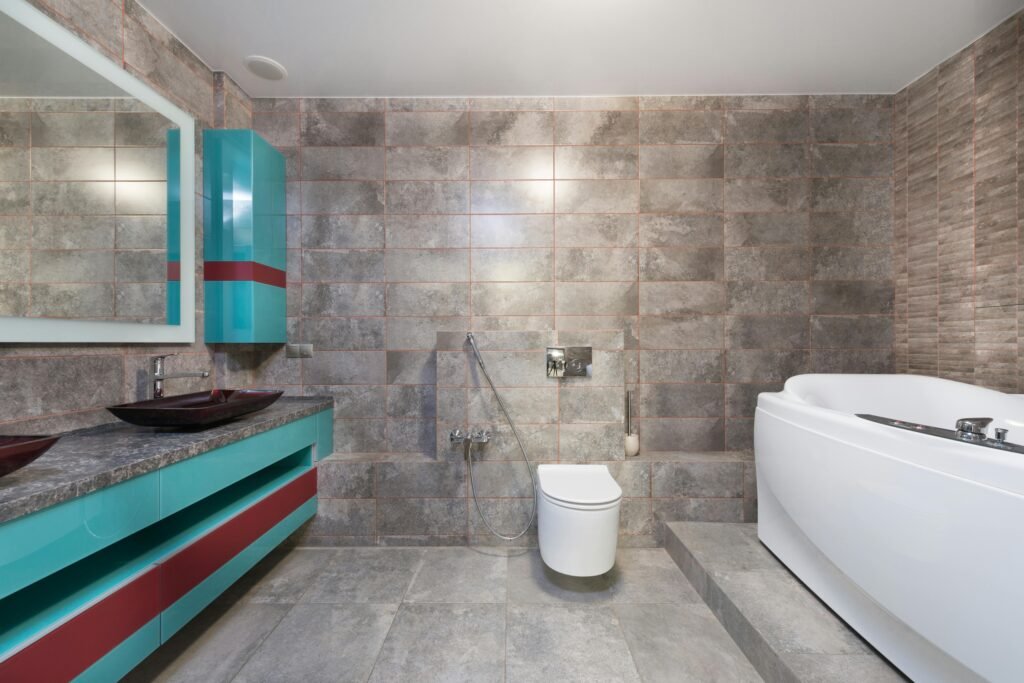 Modern bathroom featuring smart technology, including a digital shower system, smart mirror, touchless faucet, and automated lighting.