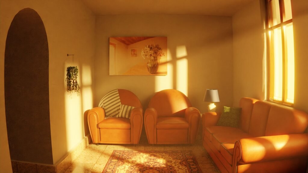 warm and cozy Living room with curved furniture including a rounded sofa and circular accent pieces for a soft, cozy look