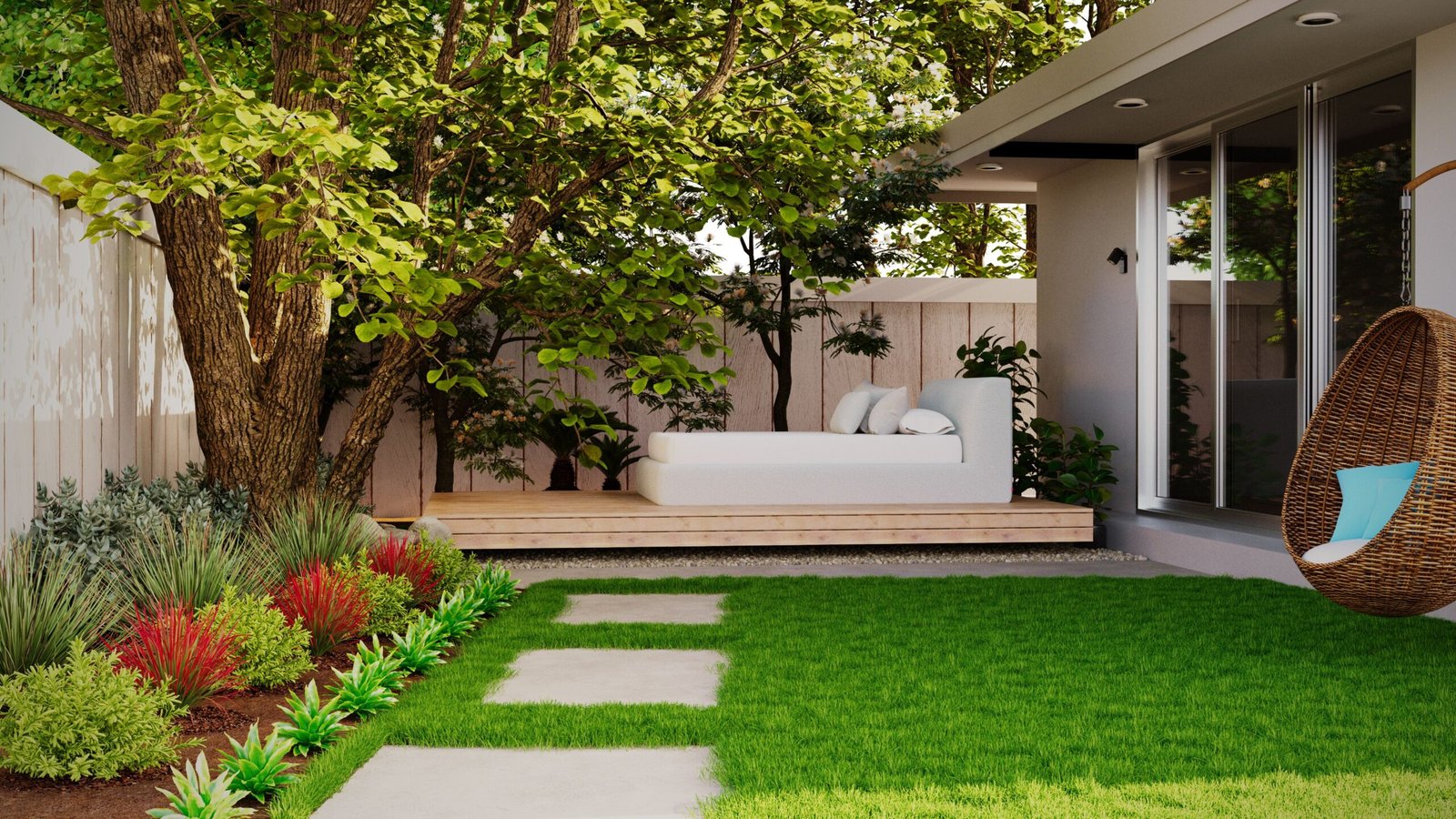 Low maintenance backyard ideas without grass featuring a gravel patio, native plants, stone pathway, and outdoor seating area
