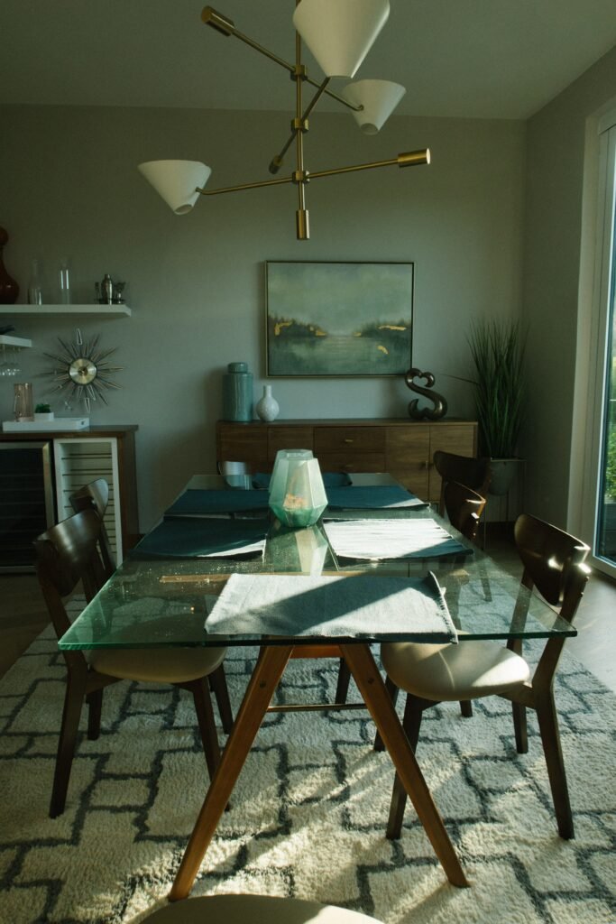 Cozy Scandinavian dining room with wooden furniture, soft textures, and minimalist decor inspired by modern dining room ideas.