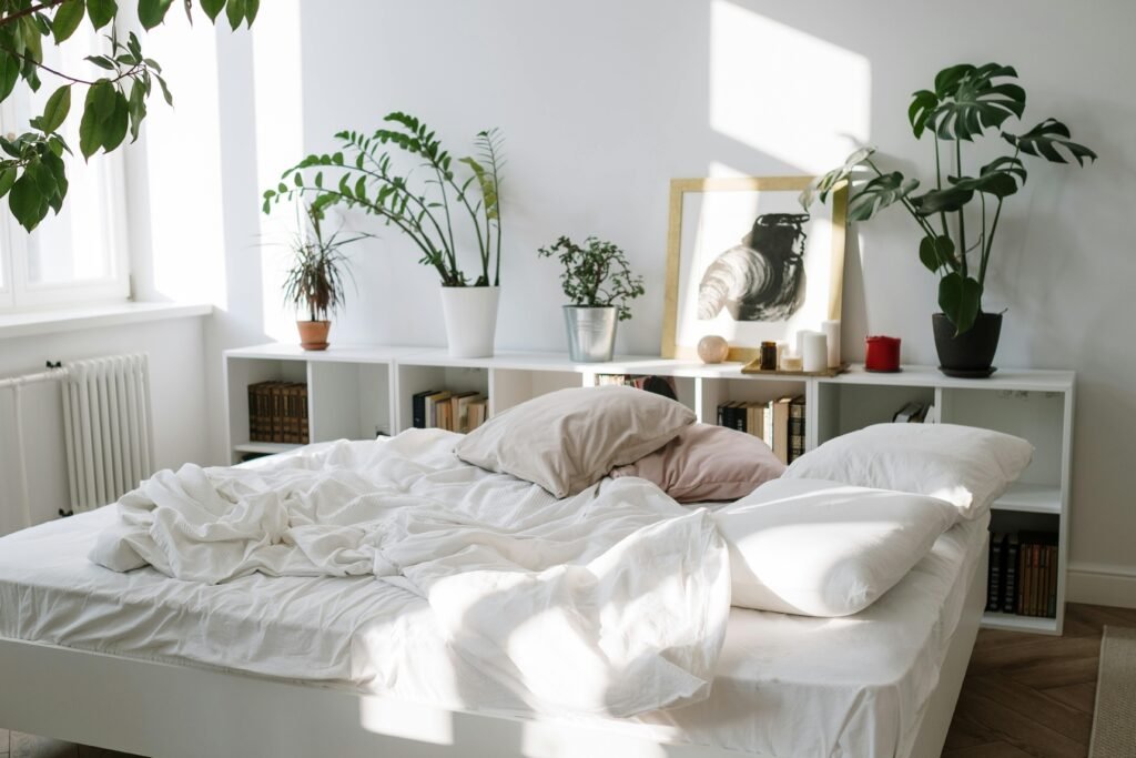 Affordable house in the USA featuring bedroom decorating ideas with indoor plants, natural textures, and greenery for a fresh and relaxing atmosphere.