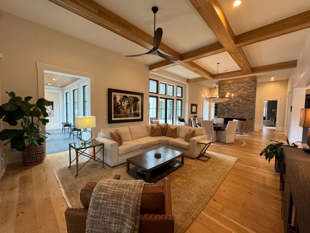 Coffered ceiling for living rooms with elegant recessed panels, decorative molding, and a stylish design that adds depth and sophistication.