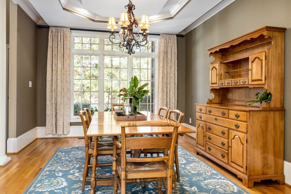 Coffered ceiling for dining room with elegant recessed panels, detailed molding, and a timeless design that enhances the dining space.