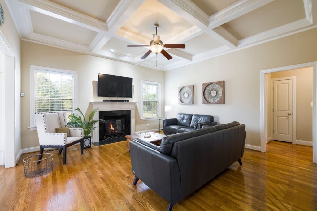 Modern coffered ceiling with clean geometric panels, sleek trim details, and a minimalist design that enhances the contemporary living space.