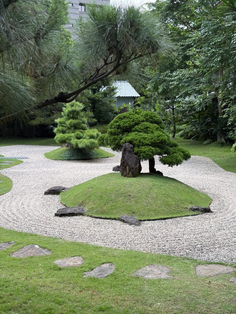 Rock garden with decorative stones, drought-tolerant plants, and mulch landscaping, showcasing low maintenance backyard ideas without grass.