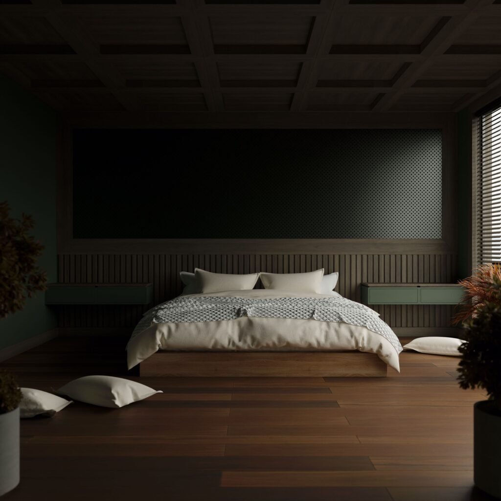 Modern master bedroom with dark tones, featuring deep-colored walls, elegant furniture, soft lighting, and a luxurious contemporary design.