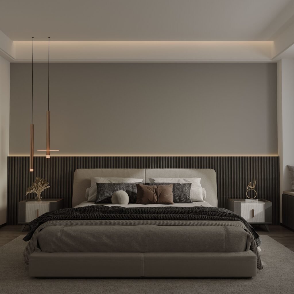 Modern master bedroom with neutral colors, a king-size bed, soft beige walls, elegant furniture, and warm lighting for a relaxing atmosphere.