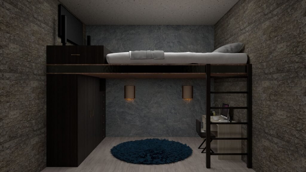 Affordable house in the USA featuring bedroom decorating ideas with vertical storage, wall-mounted shelves, and space-saving design solutions.