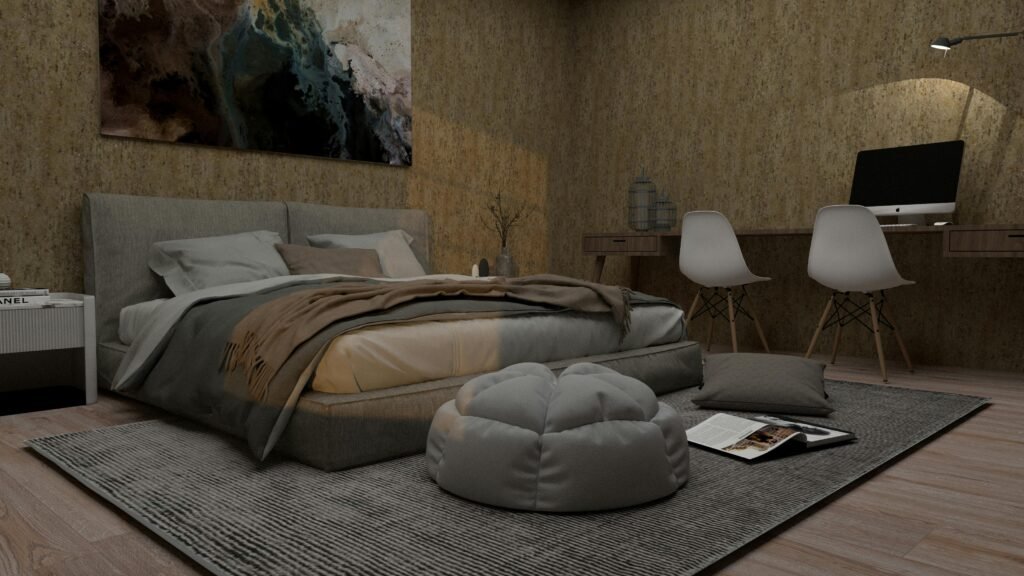 Affordable house in the USA featuring bedroom decorating ideas with a cozy reading corner, comfortable chair, warm lighting, and budget-friendly decor.