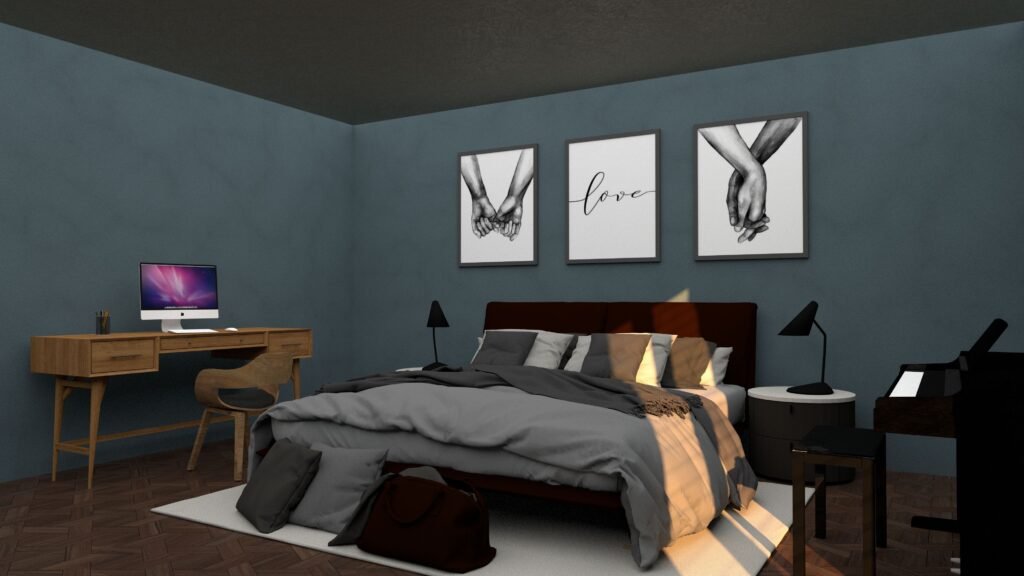 Modern master bedroom with a layered bedding system, featuring plush pillows, textured blankets, soft linens, and elegant contemporary décor.