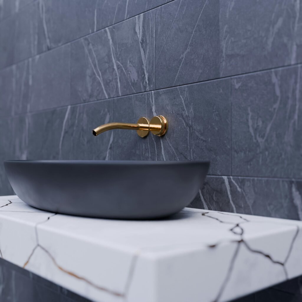 Modern bathroom featuring wall-mounted faucets above a floating vanity, creating a clean and streamlined design.