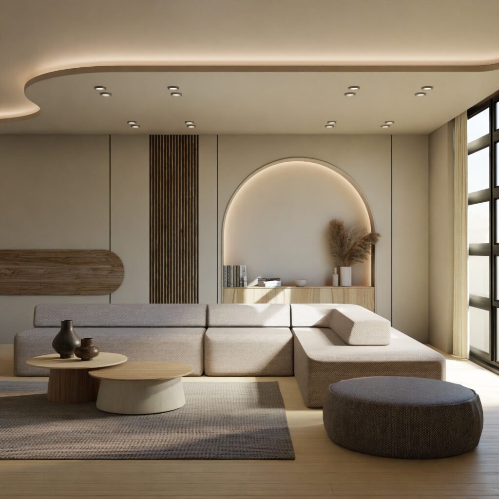 Warm and cozy living room with soft cream walls, rounded furniture, natural wood accents, woven materials, and cozy textiles.