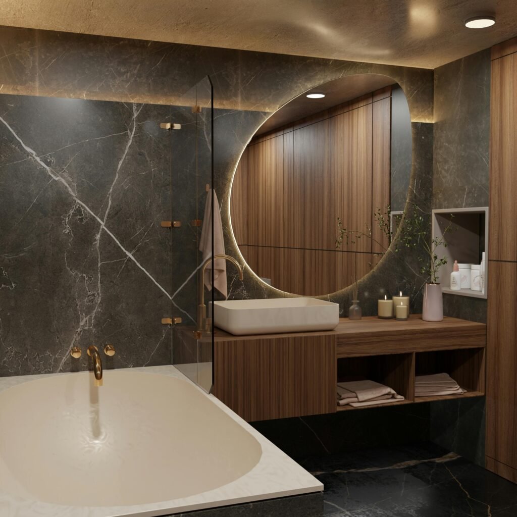 Modern bathroom ideas featuring a luxury bathroom with a floating wood vanity, vessel sinks, freestanding bathtub, walk-in glass shower, and warm ambient lighting.
