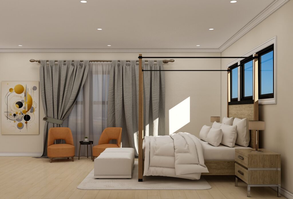 Modern master bedroom with simple furniture design, featuring minimal bed frame, clean lines, neutral tones, and uncluttered contemporary décor.