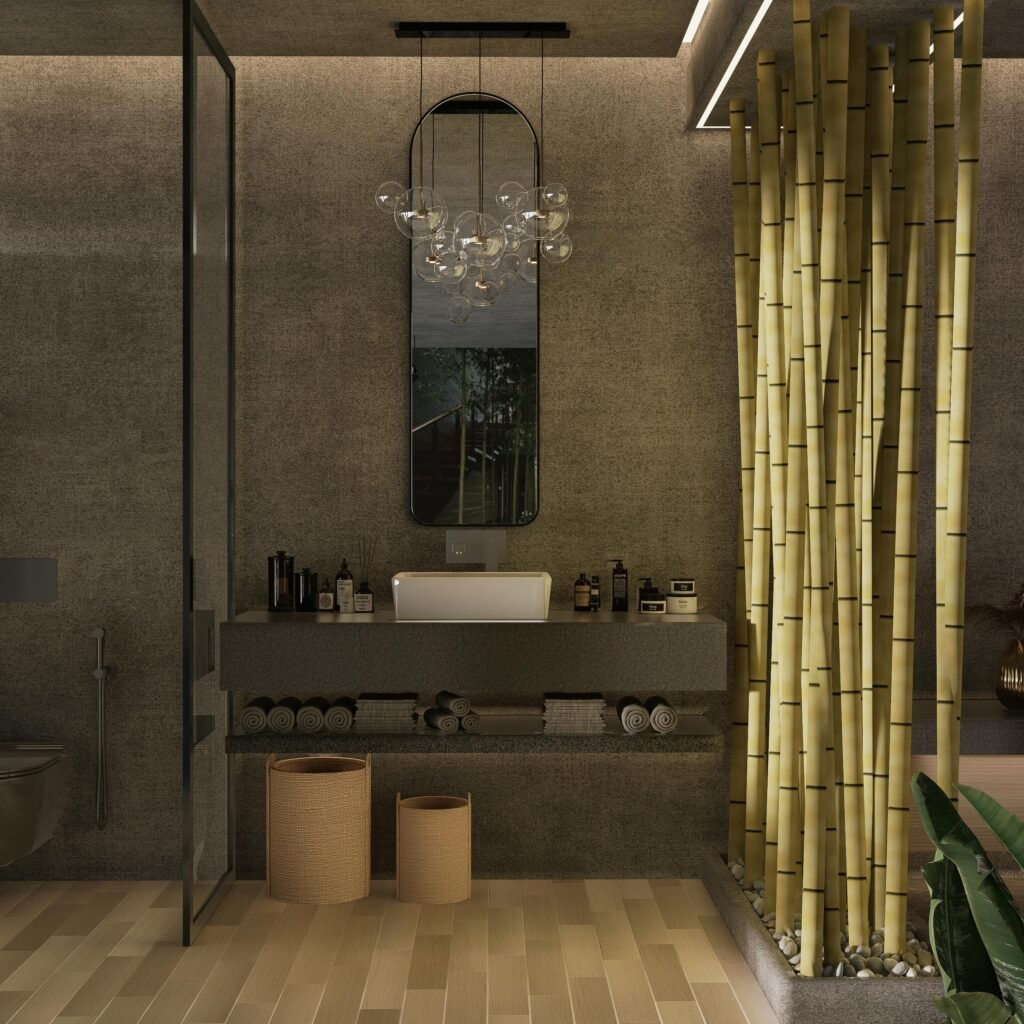 Modern bathroom featuring earthy green tones, natural wood accents, and organic textures for a relaxing atmosphere.