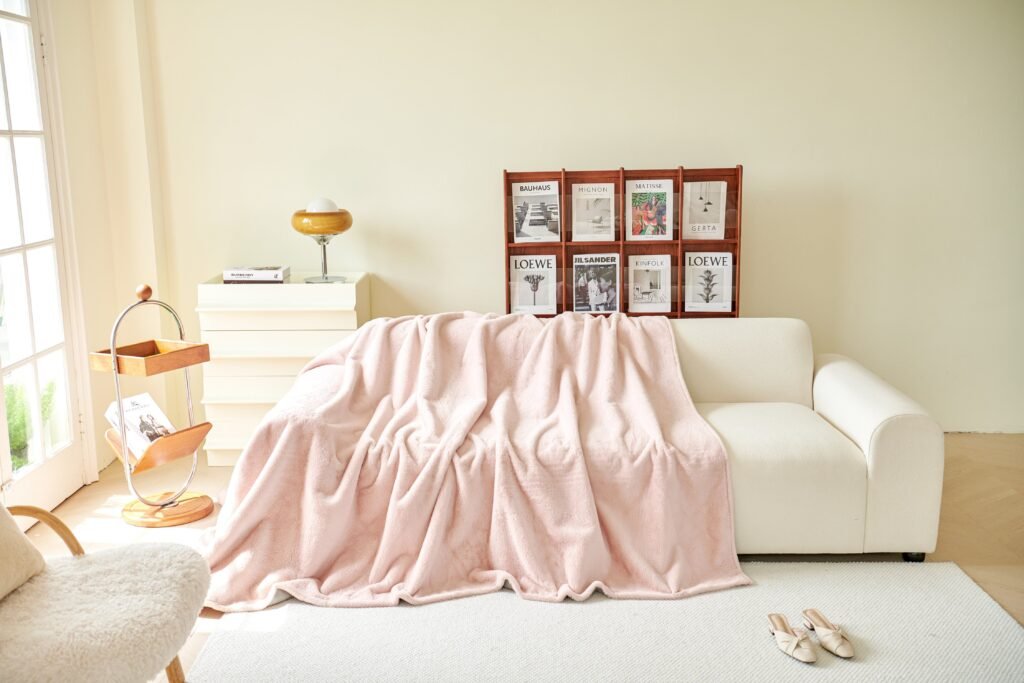 warm and cozy Living room styled with oversized throw blankets draped over a sofa for added warmth and comfort