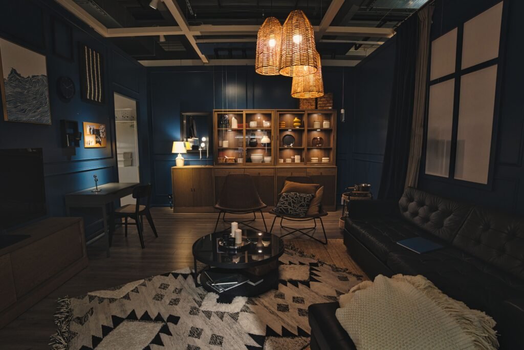 warm and cozy Living room illuminated with candle lights, creating a warm, cozy, and relaxing atmosphere