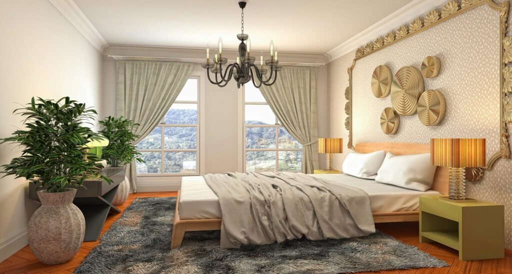 Master bedroom design ideas featuring neutral bedding, soft layered textures, elegant furnishings, and a calming modern bedroom design.