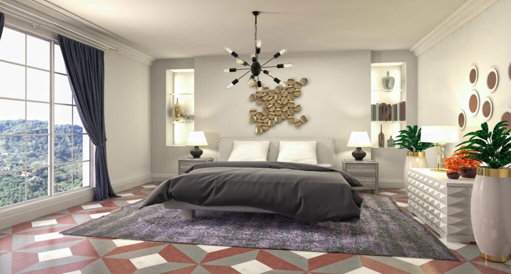 Master bedroom design ideas featuring sleek low dressers, a stylish bed, neutral decor, and a spacious contemporary layout.