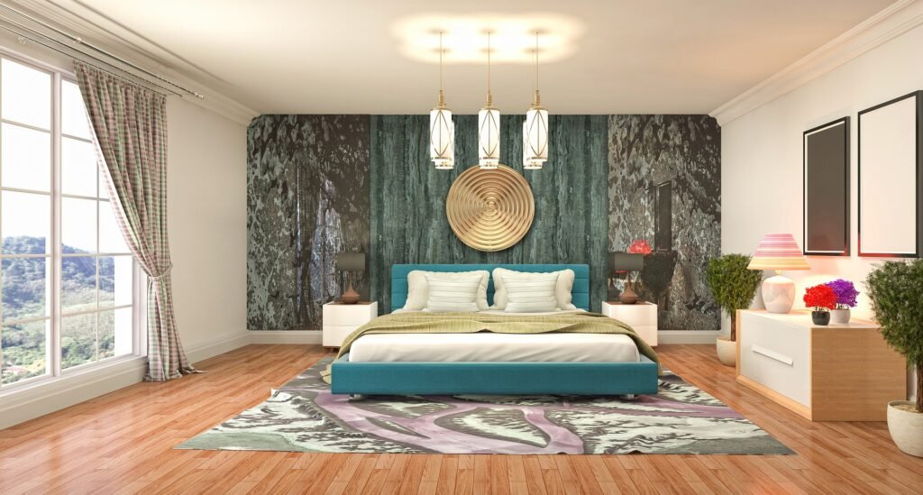 Master bedroom design ideas featuring a huge upholstered bed, elegant decor, spacious layout, and a luxurious modern interior.