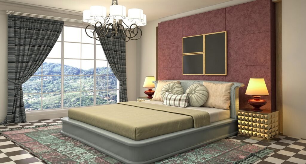 Master bedroom design ideas with a large master bed, elegant bedding, modern decor, and a spacious, comfortable layout.