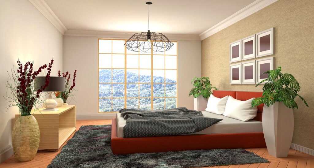 Master bedroom design ideas featuring lush indoor plants, cozy bedding, natural textures, and a bright, relaxing bedroom space.